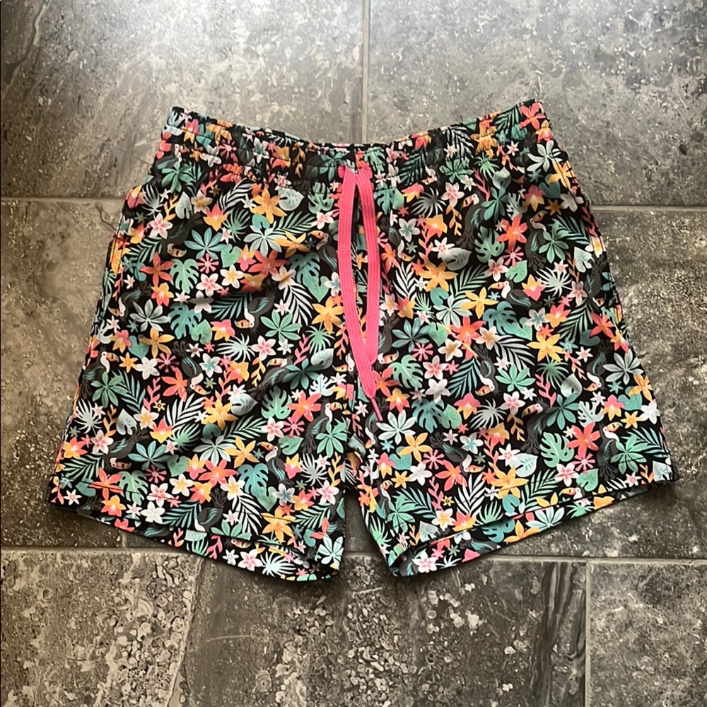 Chubbies Toucan Print Swim Shorts with Pink Drawstring